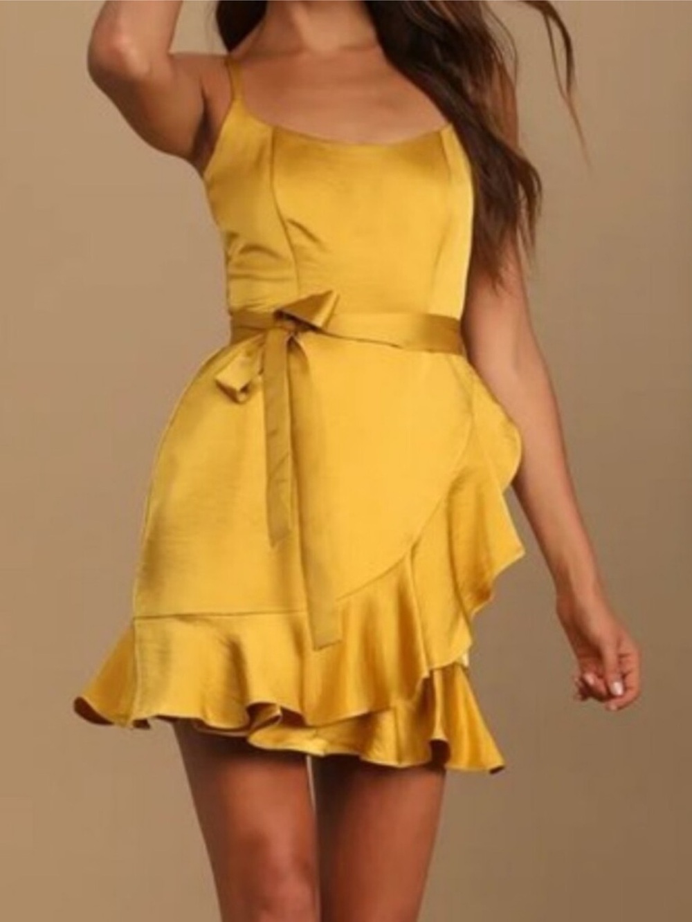 Lulus Dreams Come True Mustard Yellow Satin Ruffled Mini Dress size small